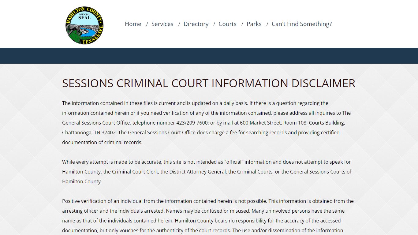 Sessions Criminal Court Information Disclaimer - Hamilton County, Tennessee